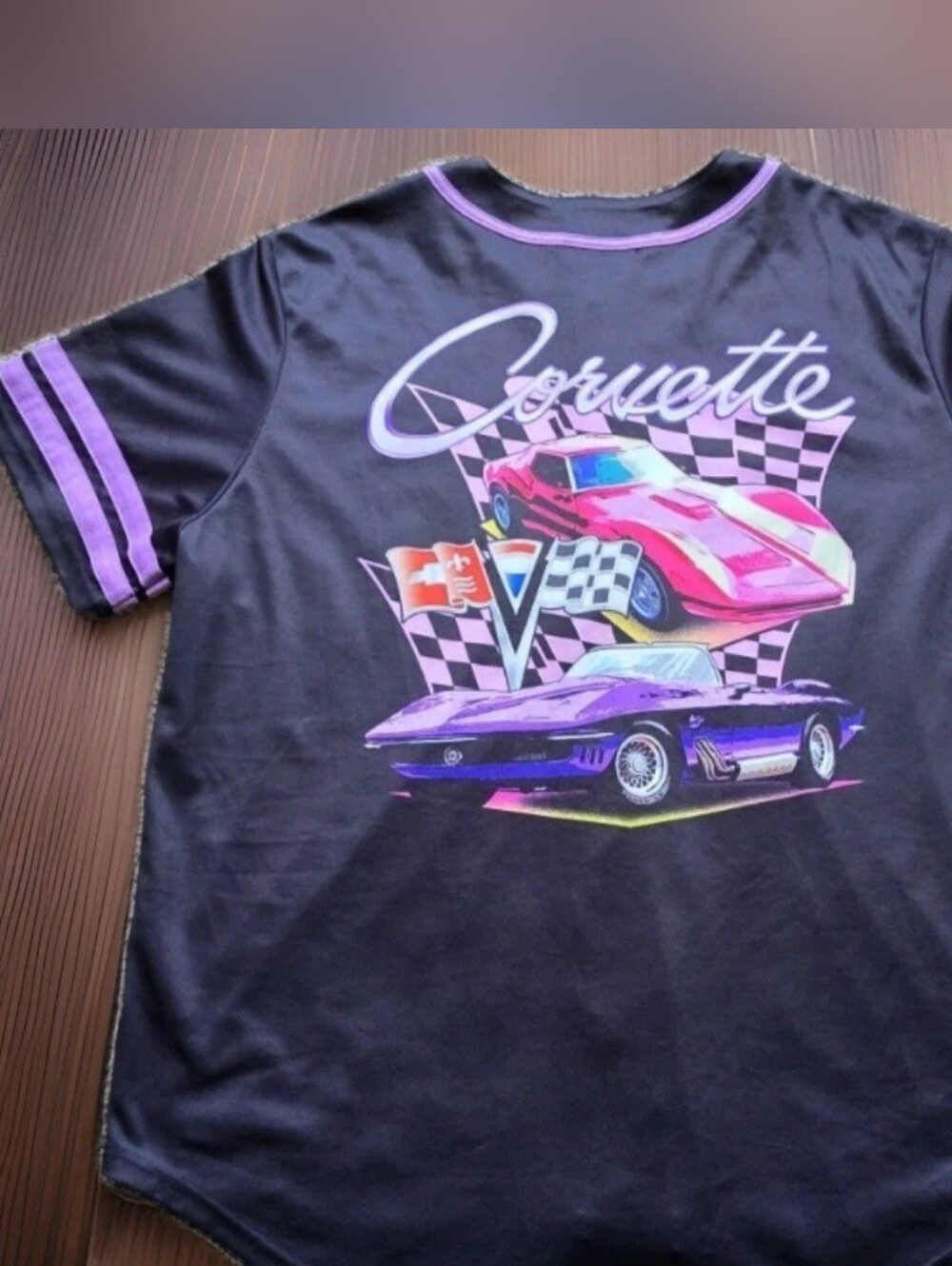 Corvette Racing Y2K Graphic Jersey Shirt Black Pink Button Front Mens 2XL Unisex - Picture 1 of 6